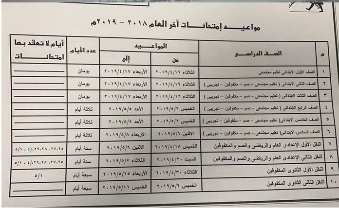 جدول امتحانات الترم الثاني 2019 محافظة الدقهلية .. جميع الصفوف نهاية العام الدراسي 2018-2019