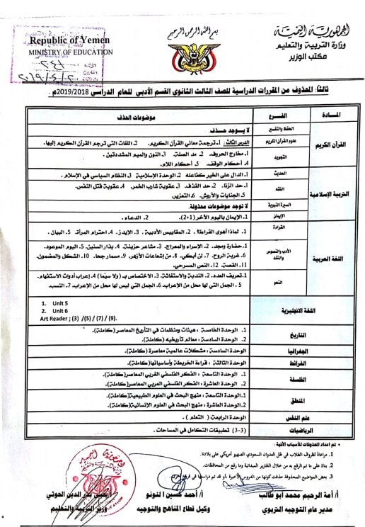 من المقررات الدراسية اليمن 2019 للشهادة الأساسية التاسع والثانوية العامة..