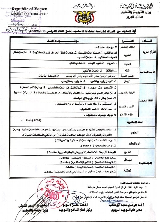 من المقررات الدراسية اليمن 2019 للشهادة الأساسية التاسع والثانوية العامة.