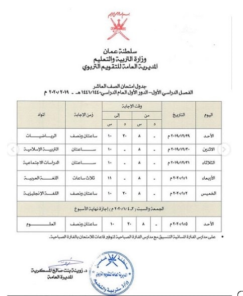 جدول امتحانات الفصل الدراسي الأول عمان 2019-2020 الصفوف (1-12) وزارة التربية والتعليم 